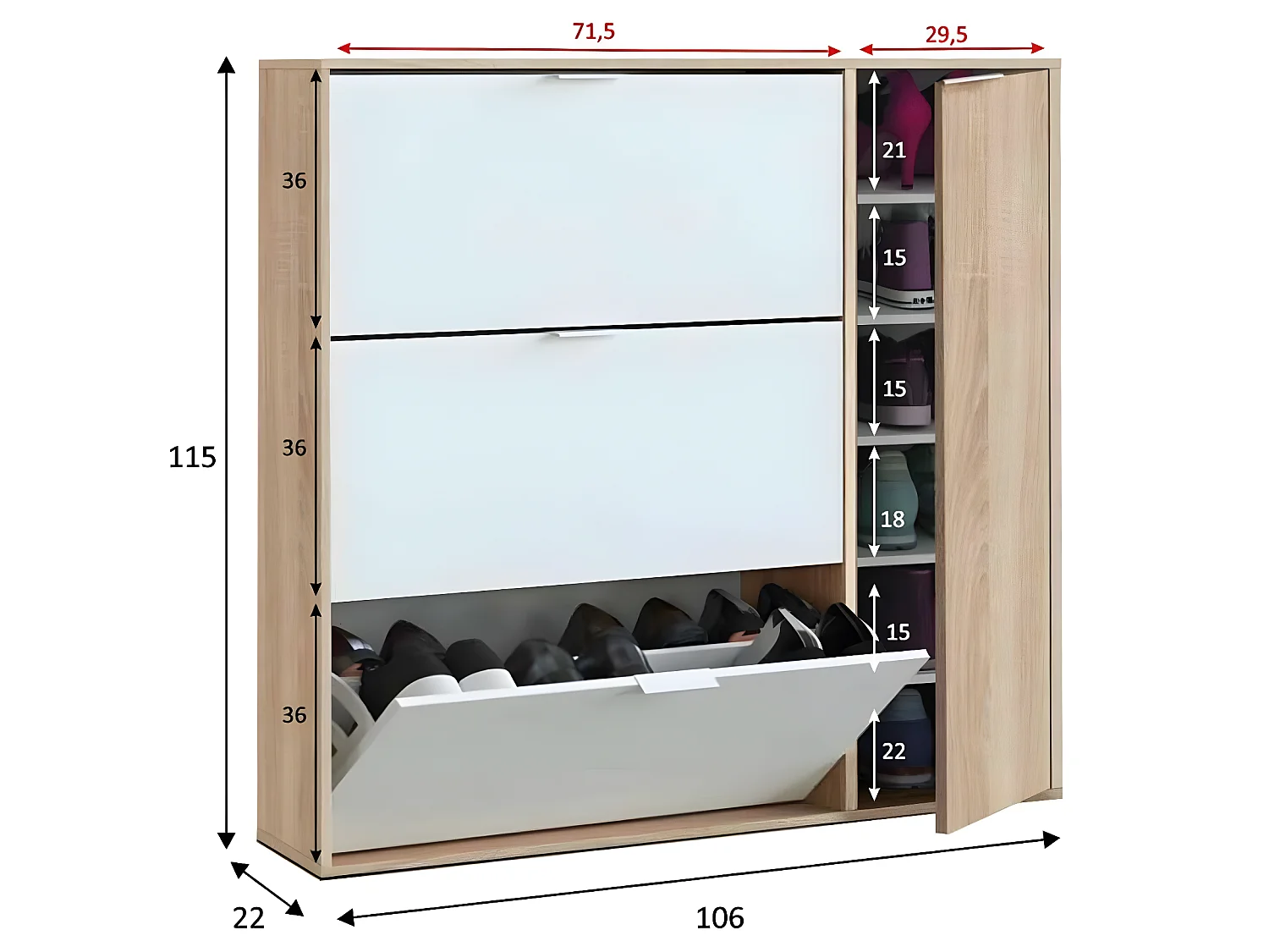 Meuble à Chaussures avec 3 abattants et 1 porte chêne canadien / blanc artic -Hauteur 115 x Longueur 106 x Profondeur 22 cm