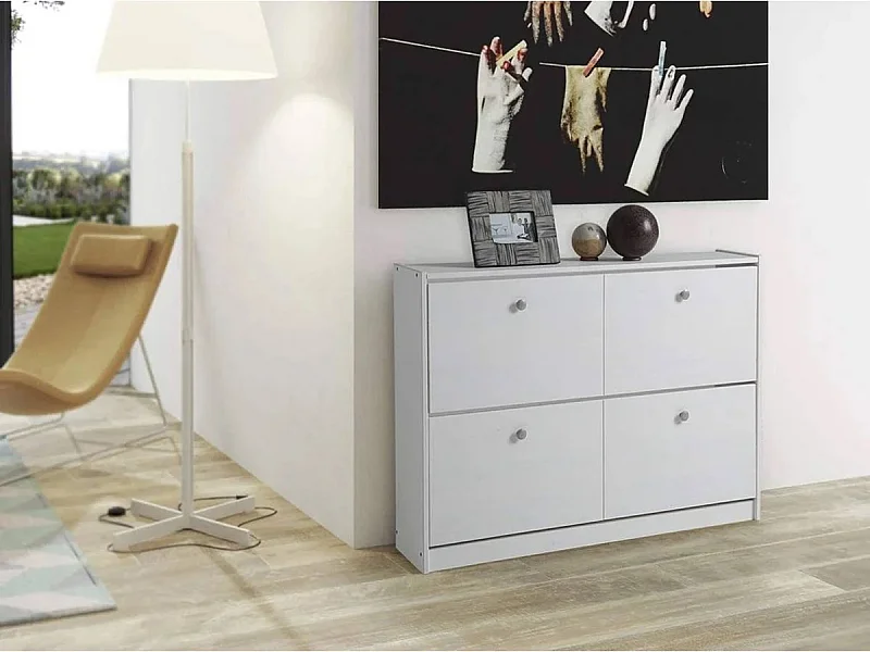 Meuble à chaussures, commode à chaussures avec 2 portes abattantes en pin massif coloris blanc - Longueur 110 x Profondeur 23 x Hauteur 80 cm