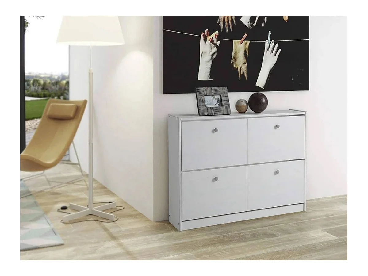 Meuble à chaussures, commode à chaussures avec 2 portes abattantes en pin massif coloris blanc - Longueur 110 x Profondeur 23 x Hauteur 80 cm