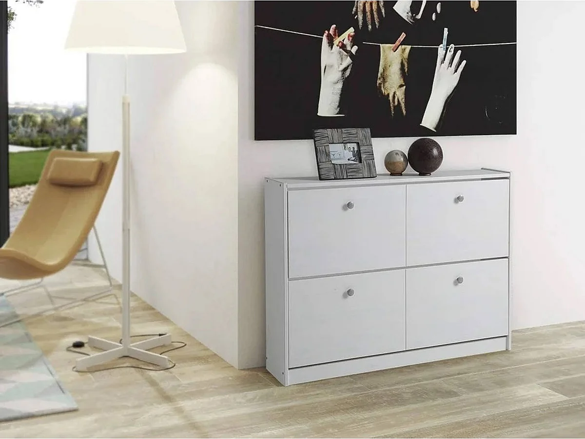 Meuble à chaussures, commode à chaussures avec 2 portes abattantes en pin massif coloris blanc - Longueur 110 x Profondeur 23 x Hauteur 80 cm