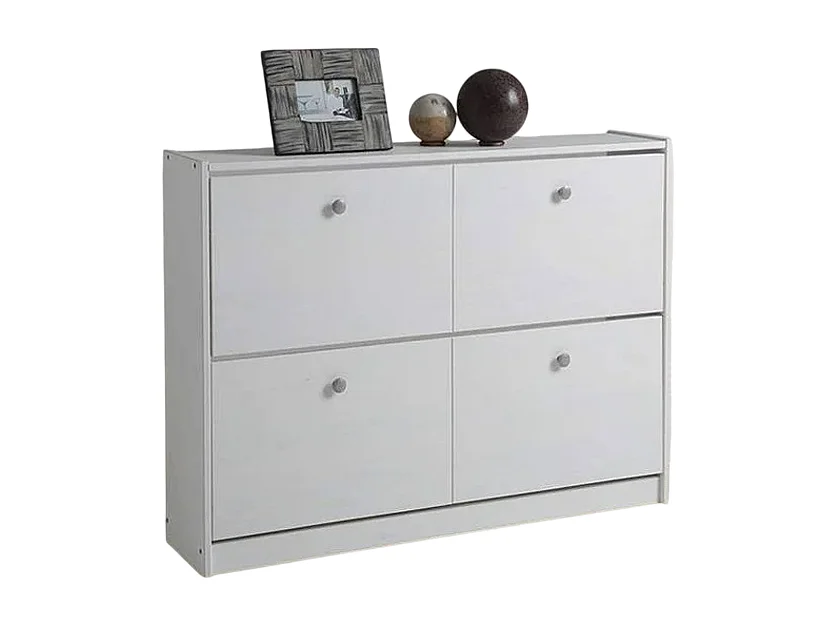 Meuble à chaussures, commode à chaussures avec 2 portes abattantes en pin massif coloris blanc - Longueur 110 x Profondeur 23 x Hauteur 80 cm