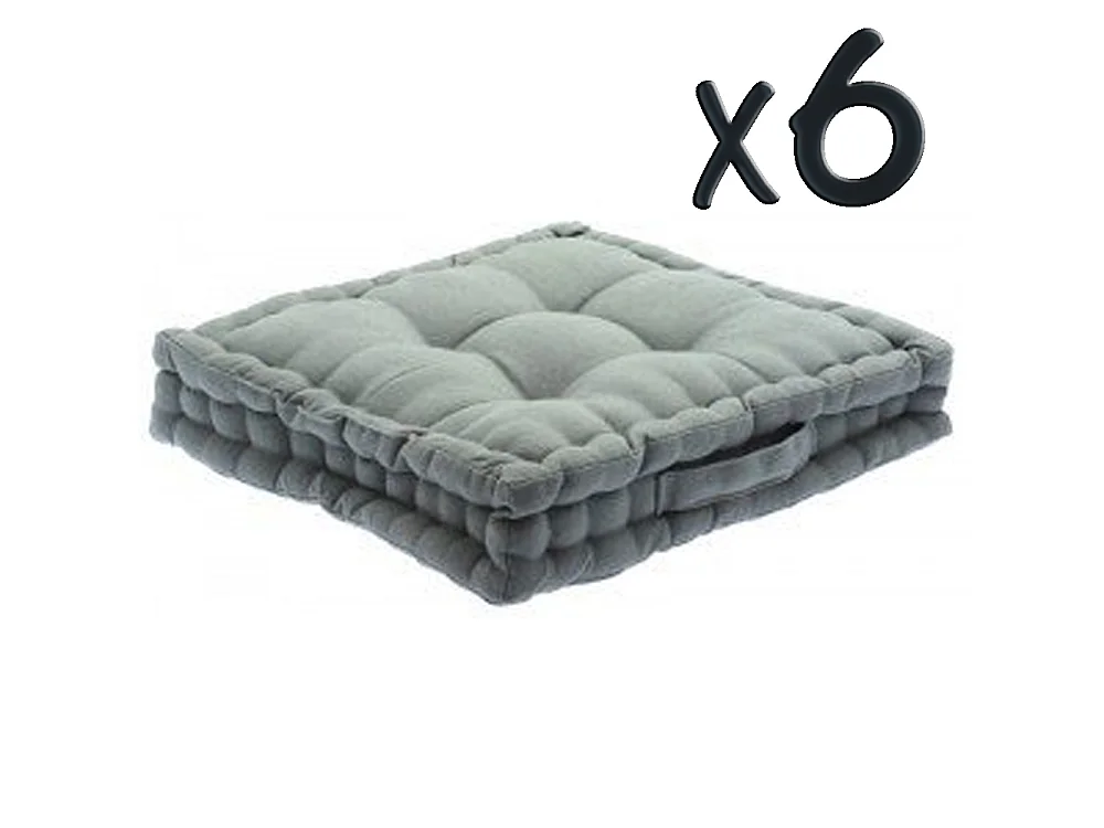 Lot de 6 Coussins de sol en coton Gris, 40 x 40 x H8 cm