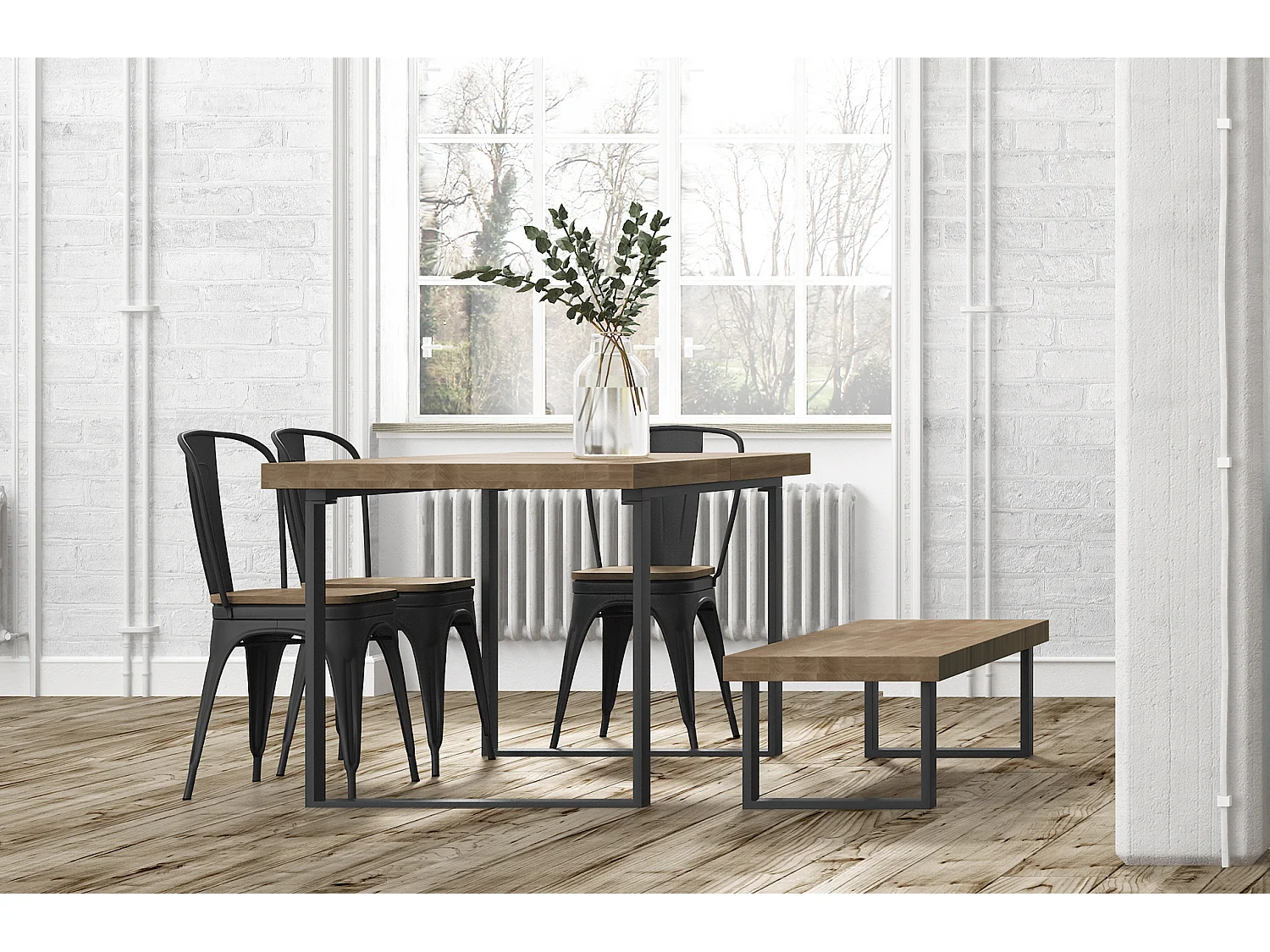 Banc d'assise coloris chêne américain / pieds noir - Largeur 120 x Profondeur 47 cm x Hauteur 34 cm