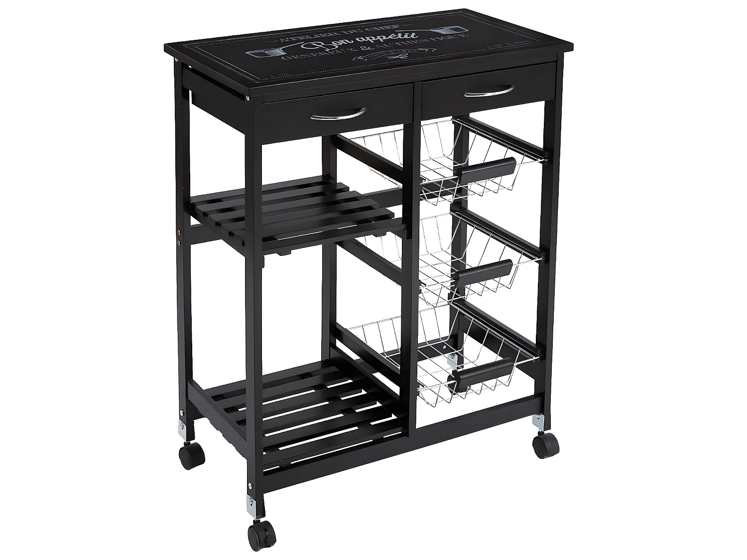 Desserte roulante en bois MDF et verre trempé, noir - Dim : L.67 x l.35 x H.81 cm