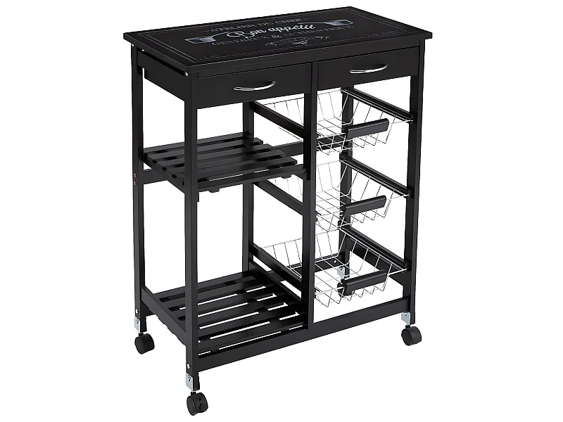 Desserte roulante en bois MDF et verre trempé, noir - Dim : L.67 x l.35 x H.81 cm