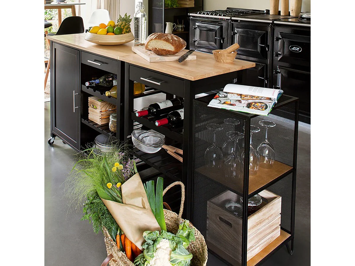 Desserte de cuisine en bois coloris noir, naturel - Longueur 87,5 x Profondeur 48 x Hauteur 100 cm