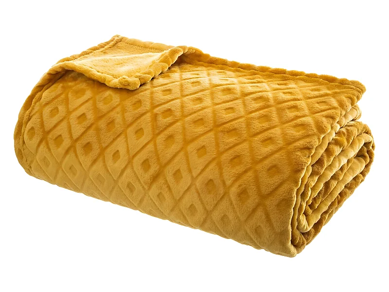 Plaid, couverture en polyester coloris jaune ocre - L. 230  x P. 180  x H. 1,50 cm