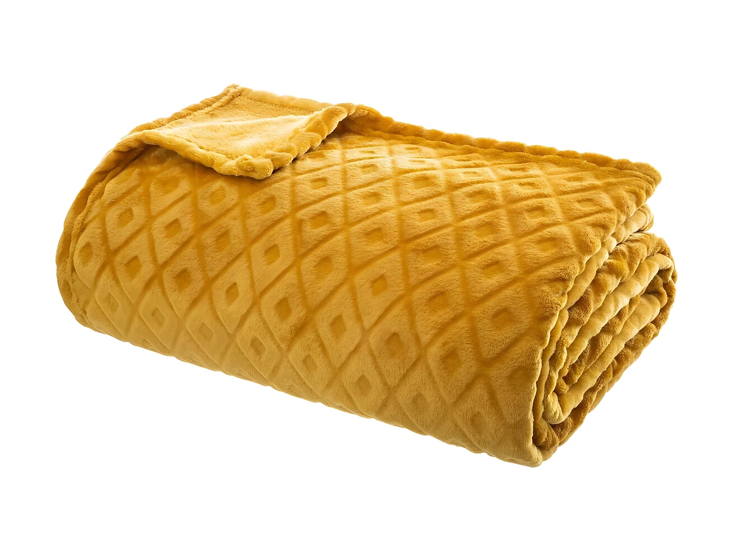 Plaid, couverture en polyester coloris jaune ocre - L. 230  x P. 180  x H. 1,50 cm