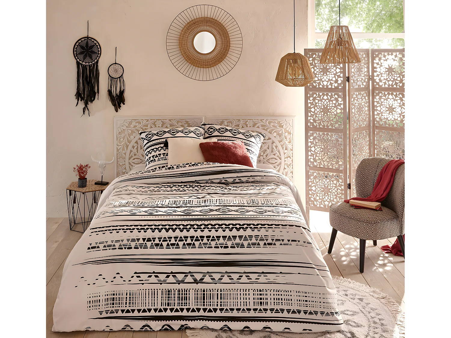 Parure de lit + 2 taies d'oreiller imprimée noir/blanc - 240 x 220 cm