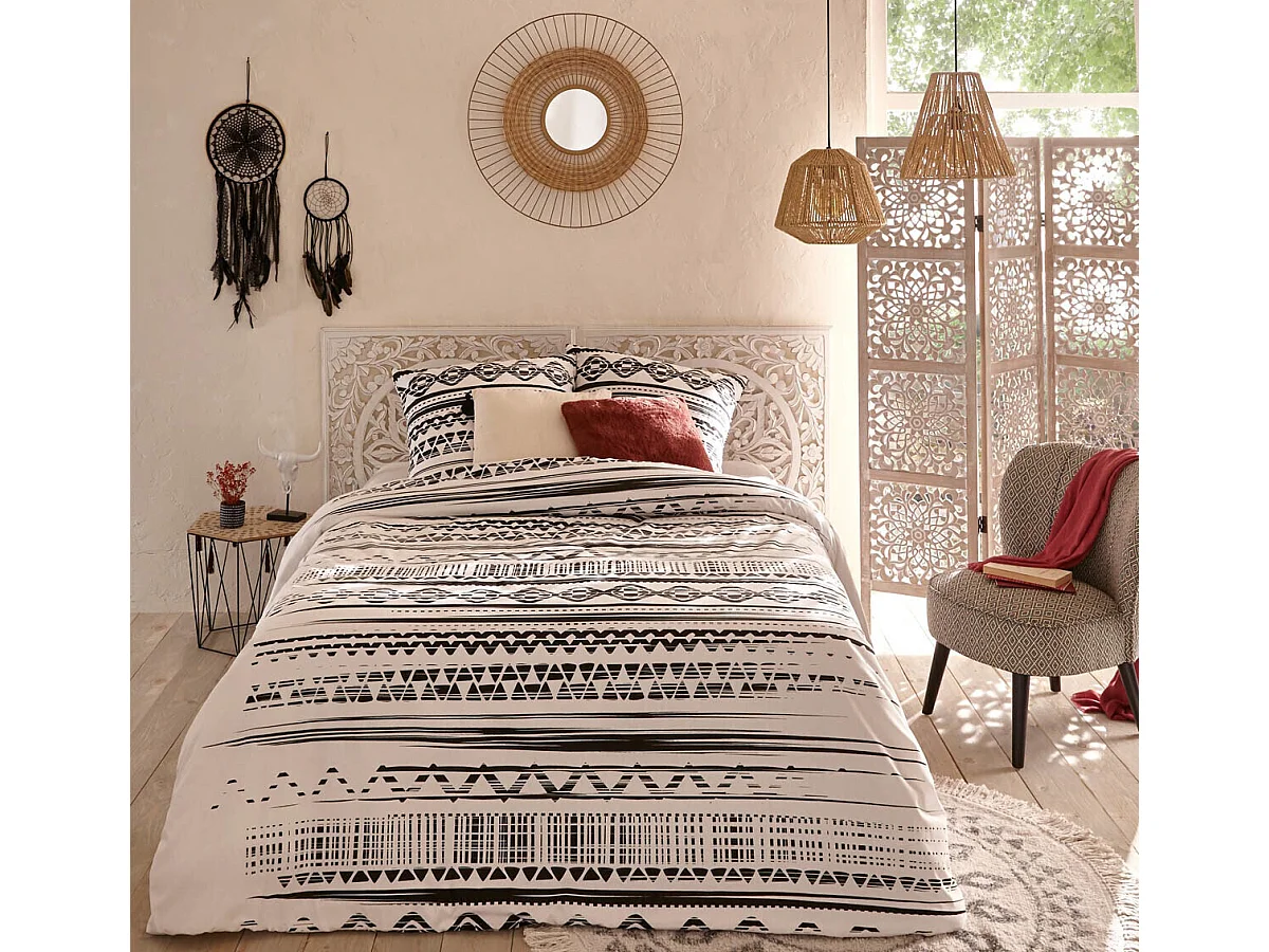 Parure de lit + 2 taies d'oreiller imprimée noir/blanc - 240 x 220 cm
