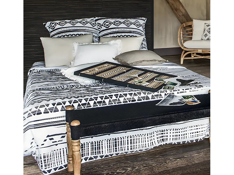 Parure de lit + 2 taies d'oreiller imprimée noir/blanc - 240 x 220 cm