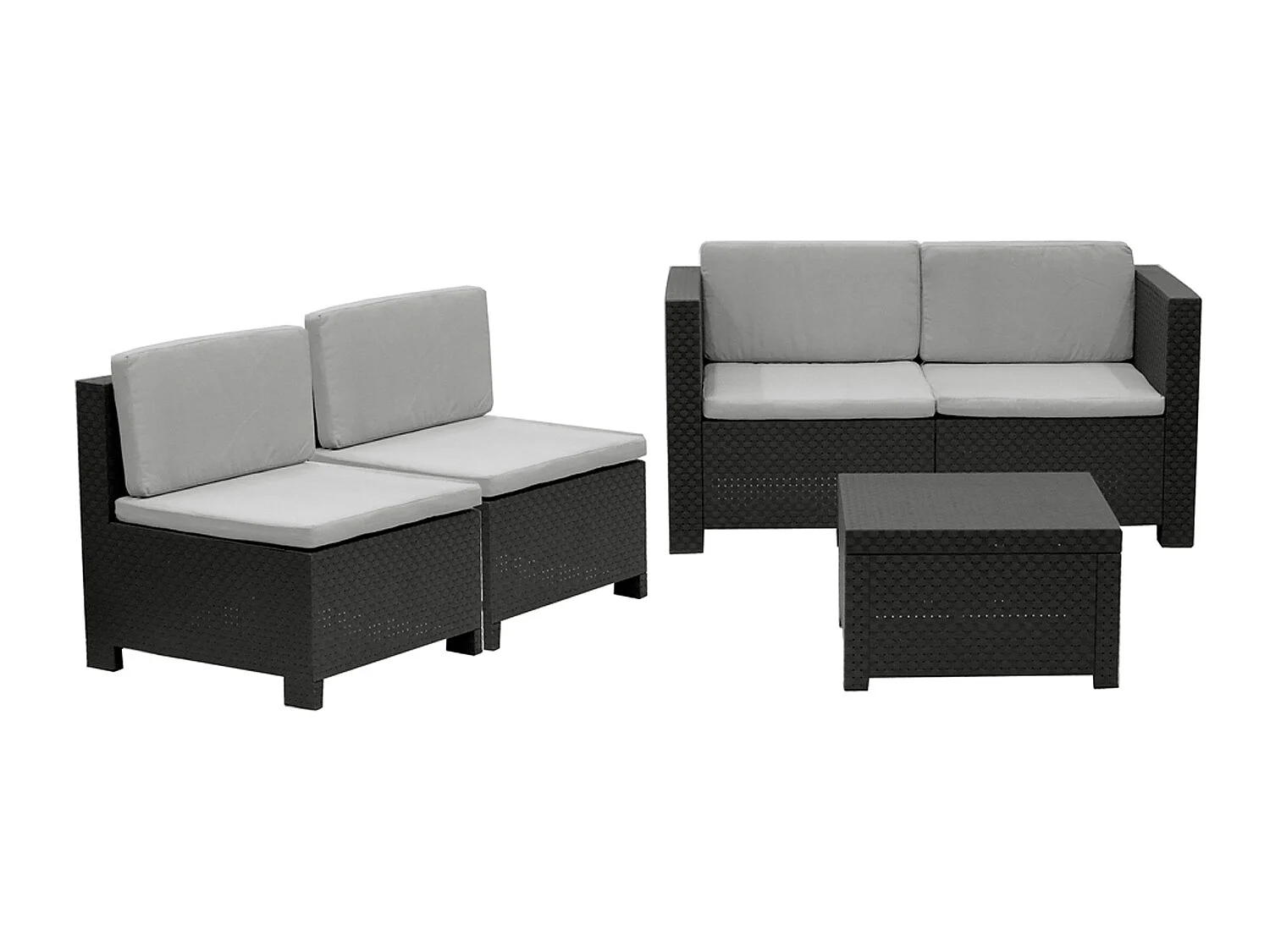 Salon de jardin 4 places modulable en résine tressée coloris anthracite (4 fauteuils + table basse)