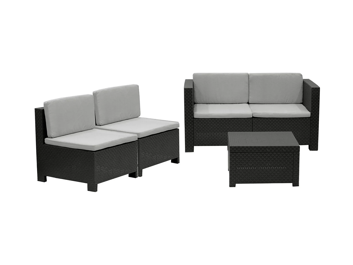 Salon de jardin 4 places modulable en résine tressée coloris anthracite (4 fauteuils + table basse)
