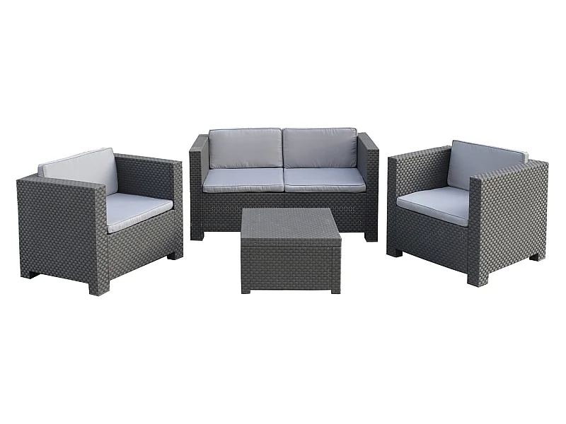 Salon de Jardin 4 Places en résine anthracite (1 table basse + 1 canapé 2 places + 2 fauteuils)