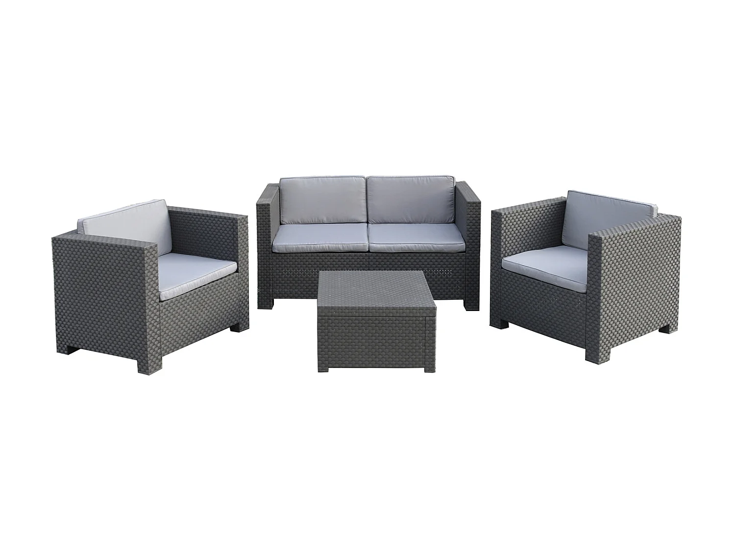 Salon de Jardin 4 Places en résine anthracite (1 table basse + 1 canapé 2 places + 2 fauteuils)