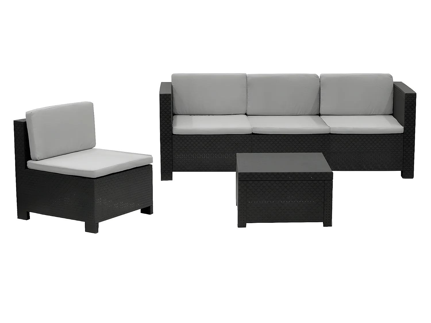 Salon de jardin 4 places modulable en résine tressée coloris anthracite (4 fauteuils + table basse)