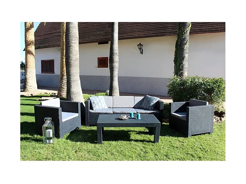 Salon de Jardin 5 Places en résine anthracite (1 table basse + 1 canapé 3 places + 2 fauteuils)