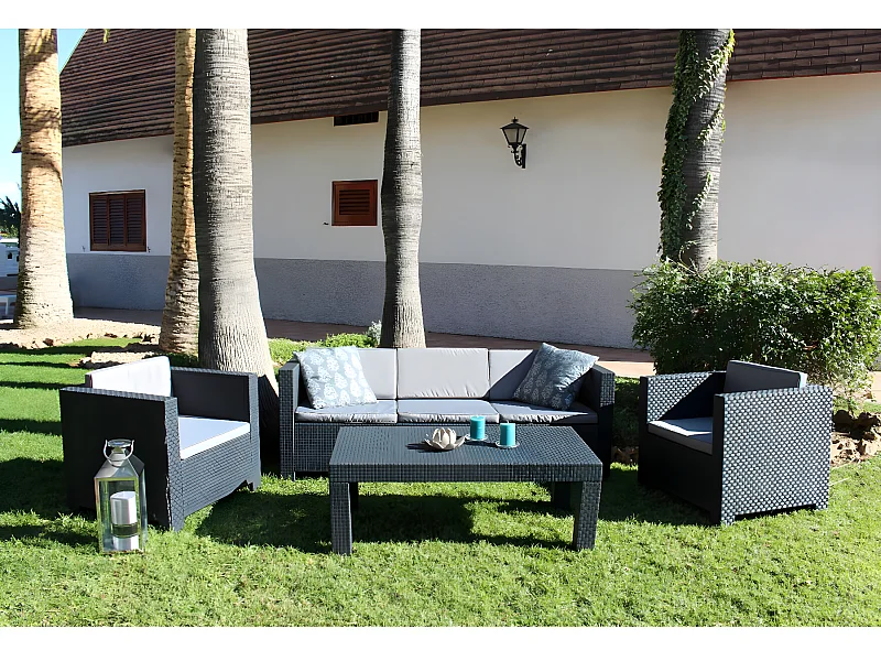 Salon de Jardin 5 Places en résine anthracite (1 table basse + 1 canapé 3 places + 2 fauteuils)