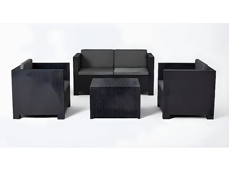 Salon de Jardin 4 Places en résine coloris Anthracite (1 canapé 2 places + 2 fauteuils + 1 table basse)