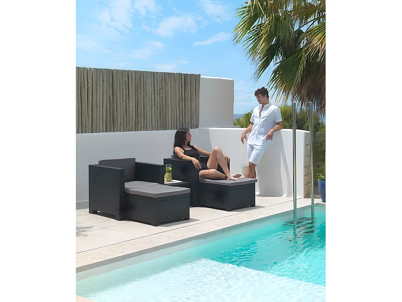 Salon de Jardin de 4 places en résine tressée anthracite (2 fauteuils + 2 poufs + table basse)