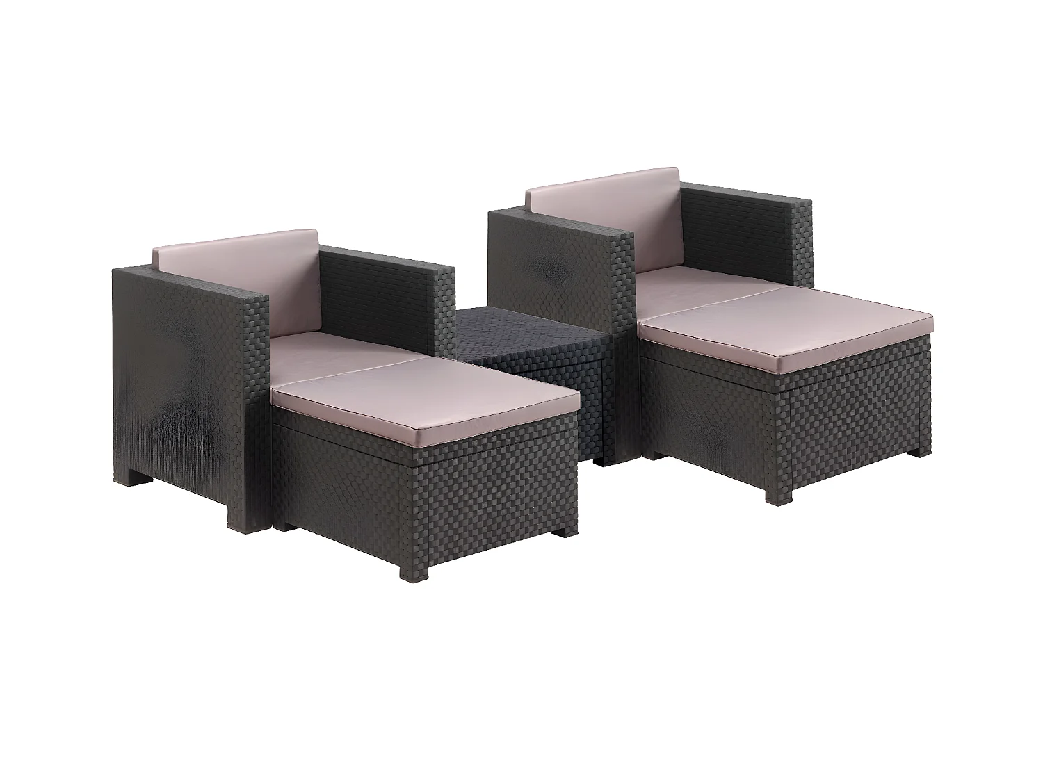 Salon de Jardin de 4 places en résine tressée anthracite (2 fauteuils + 2 poufs + table basse)