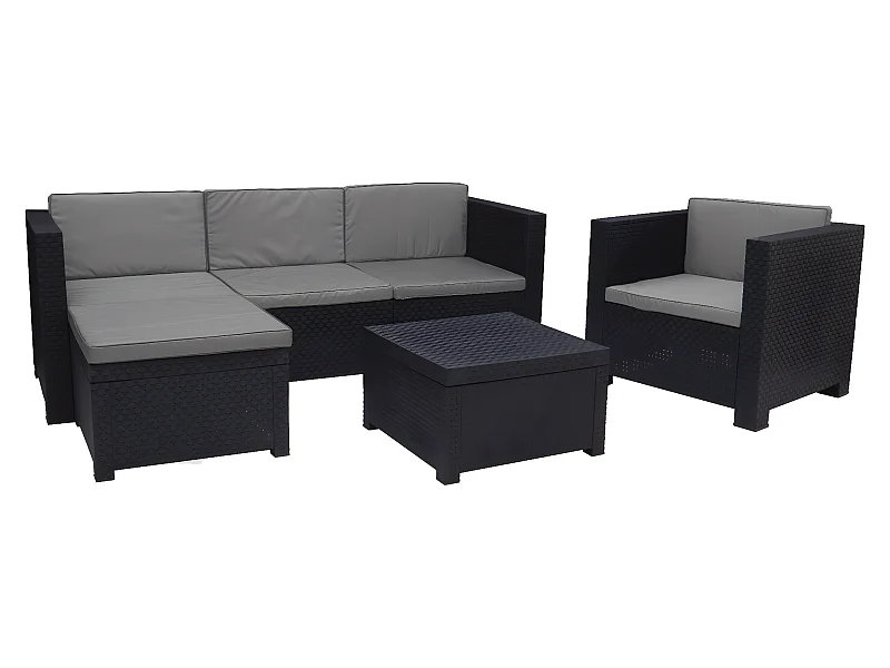 Salon de jardin extérieur de 5 places en résine tressée (1 Fauteuil + 1 canapé d’angle + 1 table basse)