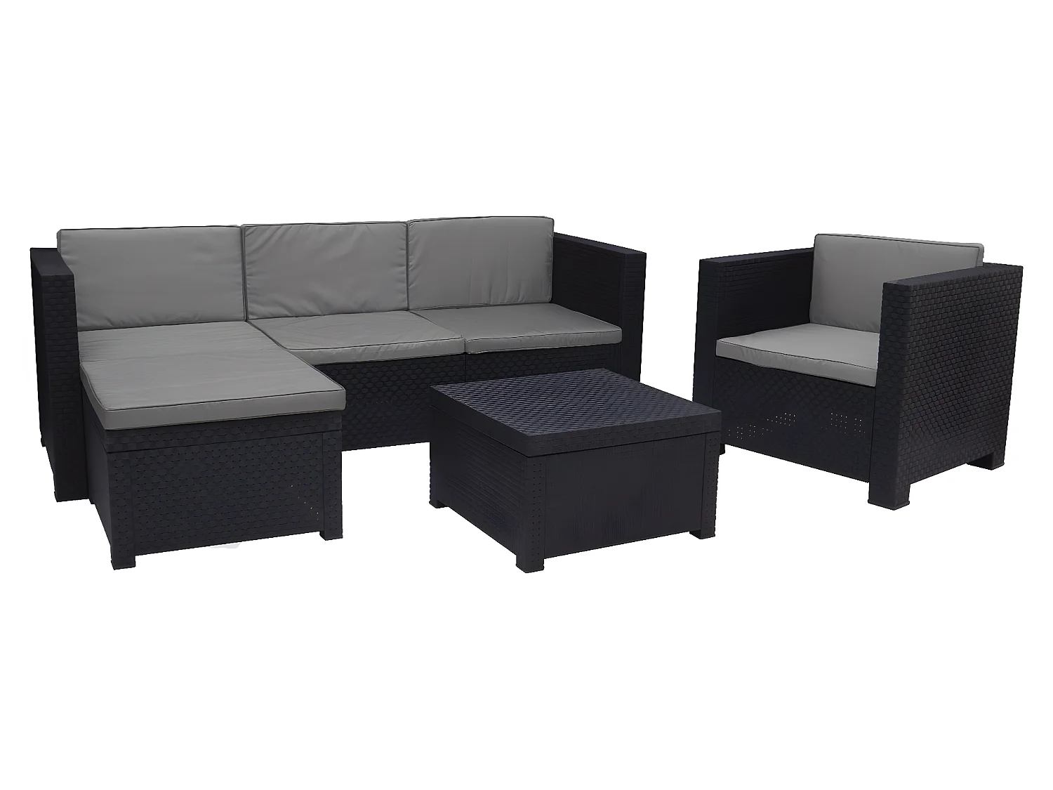 Salon de jardin extérieur de 5 places en résine tressée (1 Fauteuil + 1 canapé d’angle + 1 table basse)