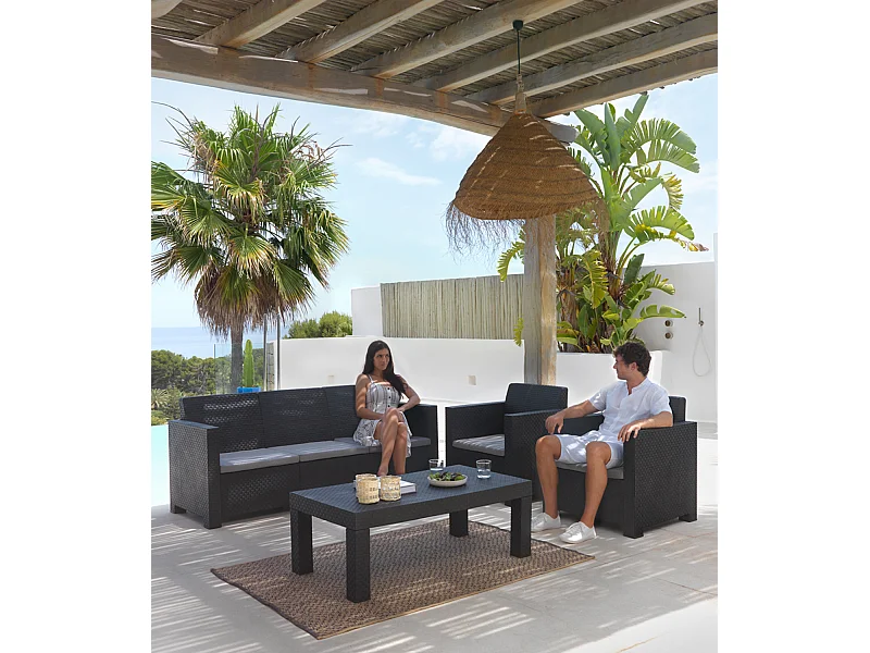 Salon de jardin extérieur 5 places en résine tressée (1 table basse + 1 canapé 3 places + 2 fauteuils)