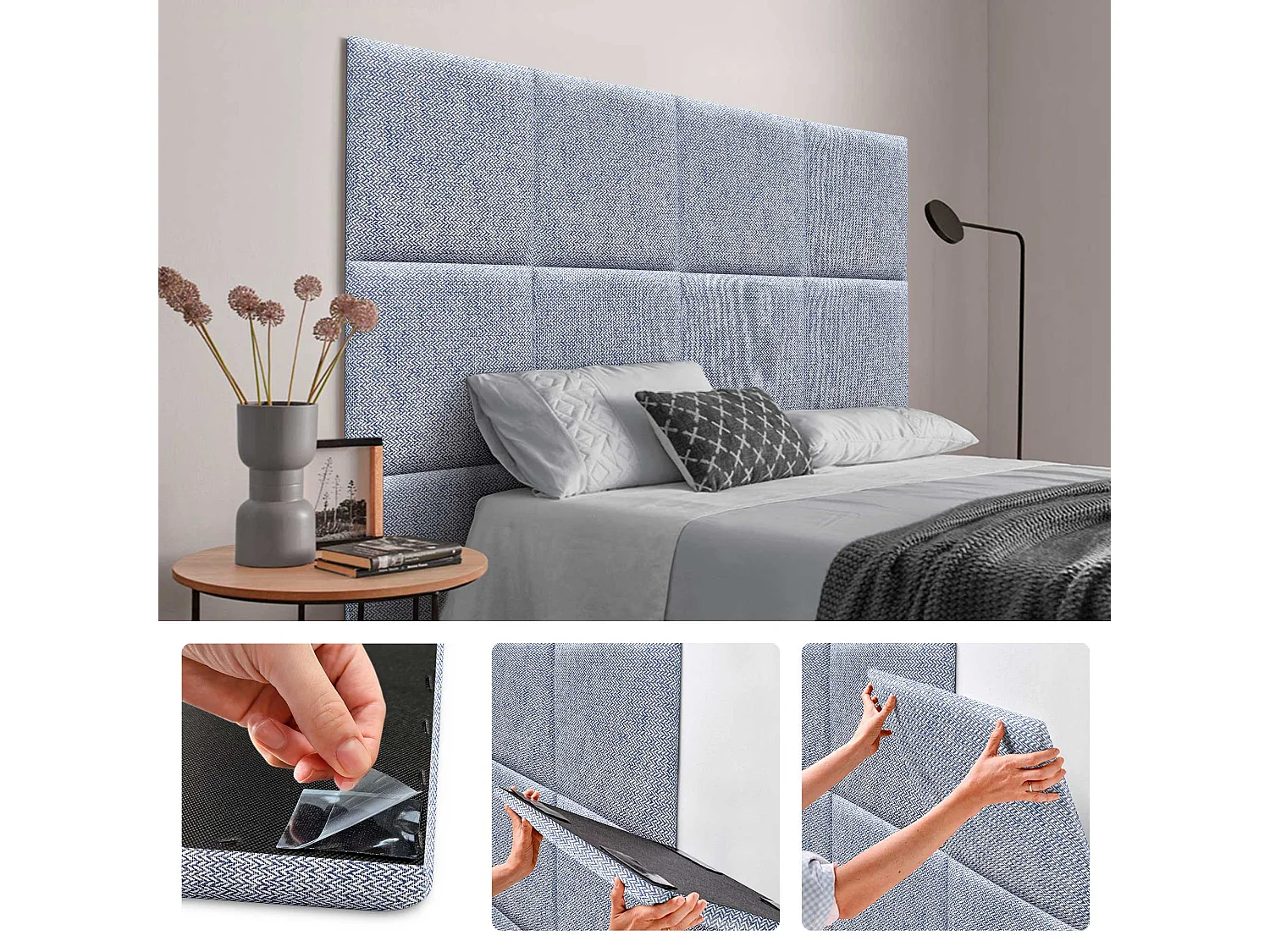 DHOME Juego de 6 Paneles Tapizados de Tela de Lujo Pack Autoadhesivos para Pared Acústicos Absorbentes Protección (Espigas Azul, 60x40cm, x6)