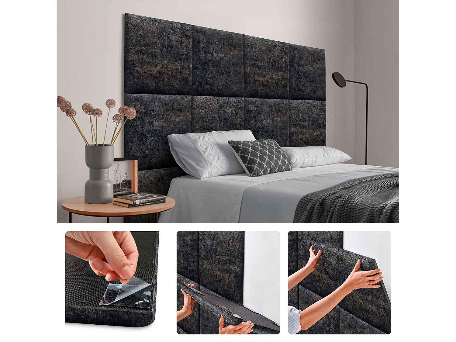 DHOME Ensemble de 8 Panneaux Tapissés en Tissu de Luxe Pack Autoadhésif pour Mur Acoustique Absorbant et Protecteur (Luxurious Black, 60x40cm, x8)