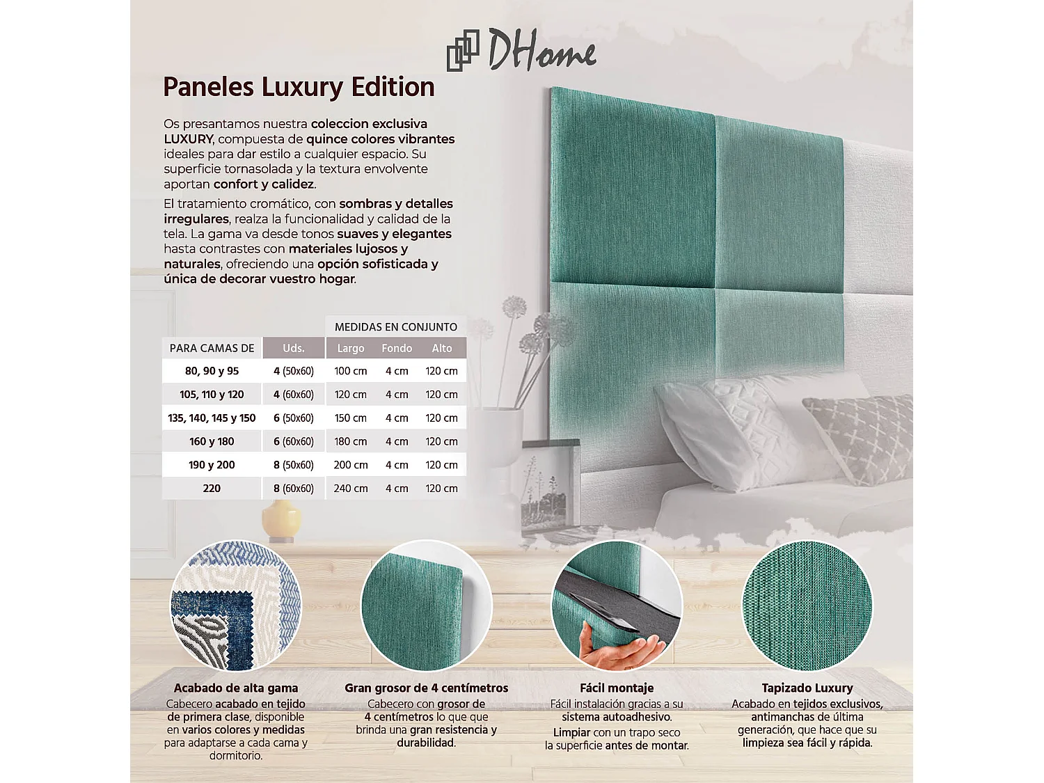 DHOME Gepolstertes Kopfteil aus austauschbaren selbstklebenden Paneelen Luxury Edition Serie Luxusbett Schlafzimmer (Lineal Green, 200cm)