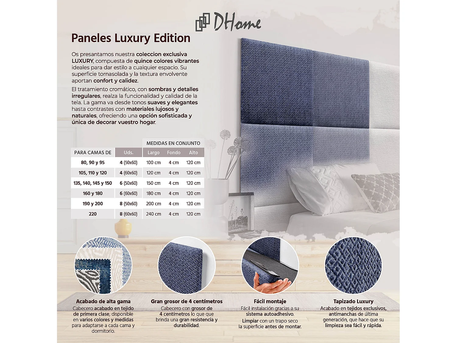 DHOME Gepolstertes Kopfteil aus austauschbaren selbstklebenden Paneelen Luxury Edition Serie Luxusbett Schlafzimmer (Silver Marine, 95cm)