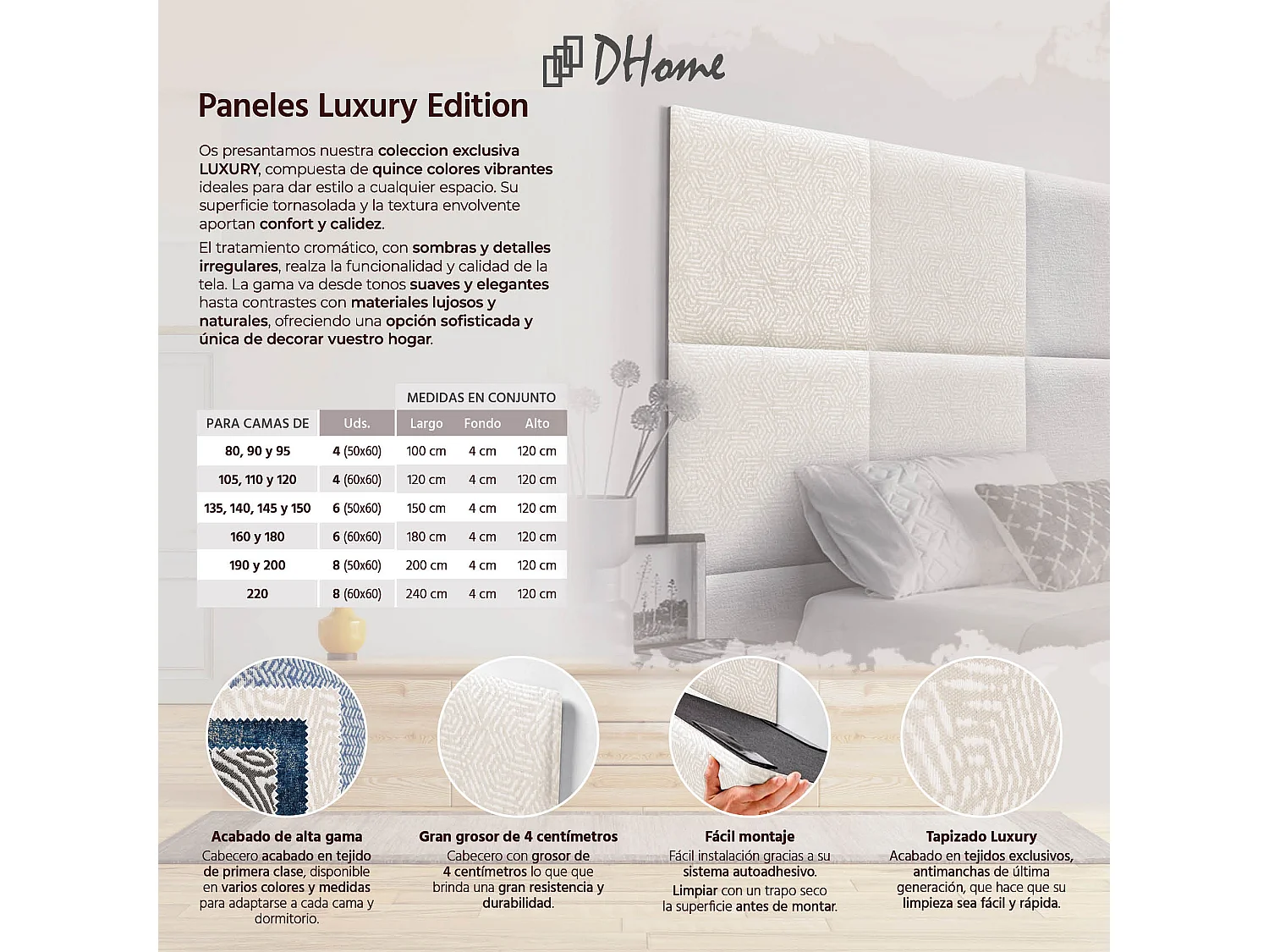 DHOME Tête de Lit Rembourrée Composée de Panneaux Autoadhésifs Interchangeables Série Luxury Edition Lit de Luxe Chambre (Ethnic White, 220cm)