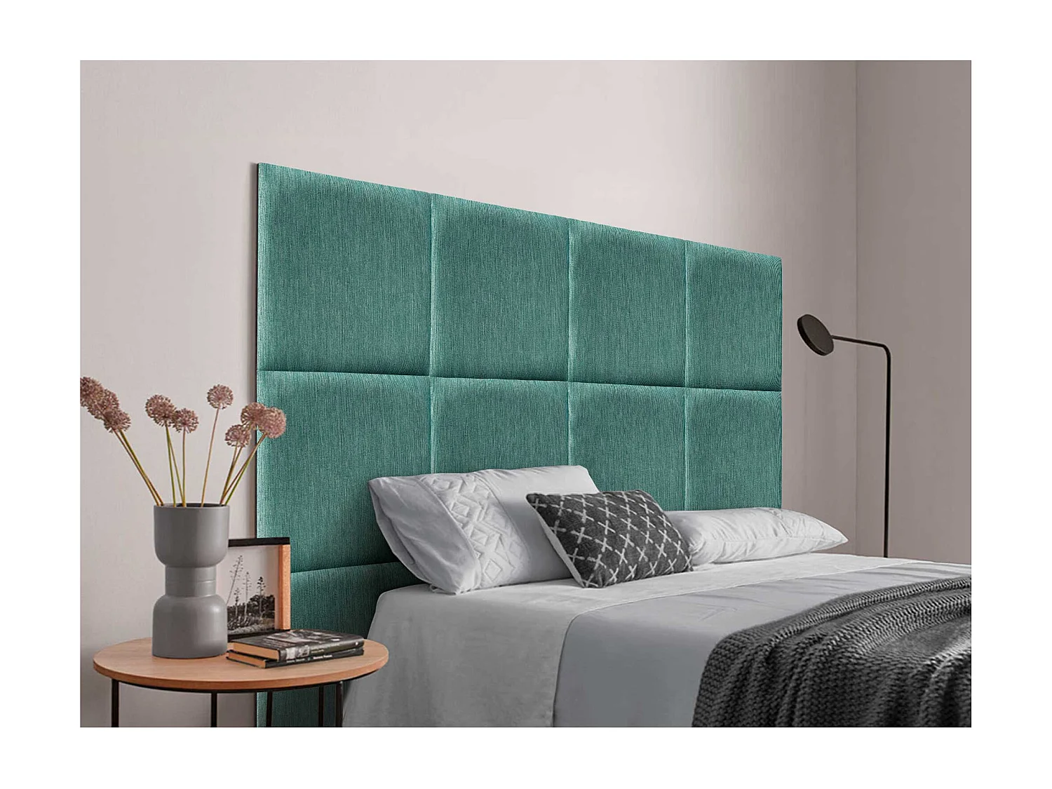 DHOME Tête de Lit Rembourrée Composée de Panneaux Autoadhésifs Interchangeables Série Luxury Edition Lit de Luxe Chambre (Lineal Green, 145cm)