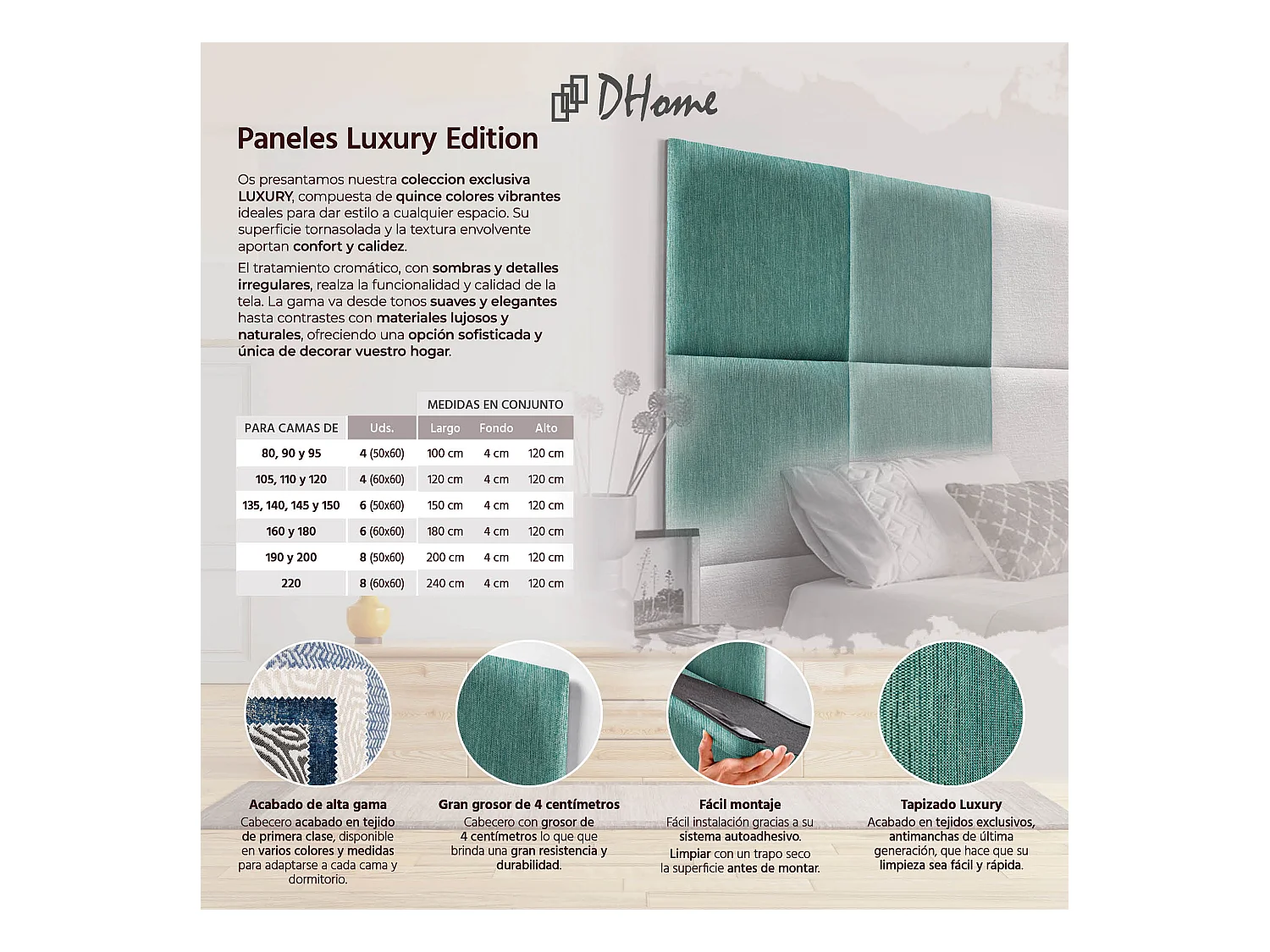 DHOME Tête de Lit Rembourrée Composée de Panneaux Autoadhésifs Interchangeables Série Luxury Edition Lit de Luxe Chambre (Lineal Green, 220cm)