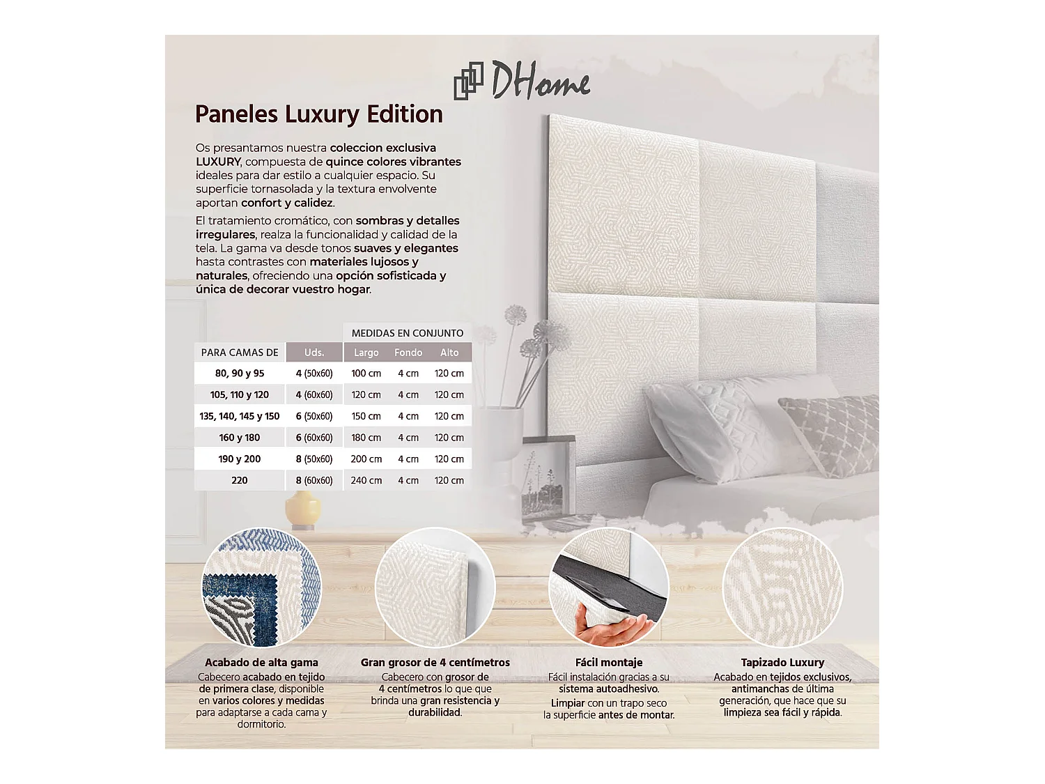 DHOME Tête de Lit Rembourrée Composée de Panneaux Autoadhésifs Interchangeables Série Luxury Edition Lit de Luxe Chambre (Ethnic White, 105cm)