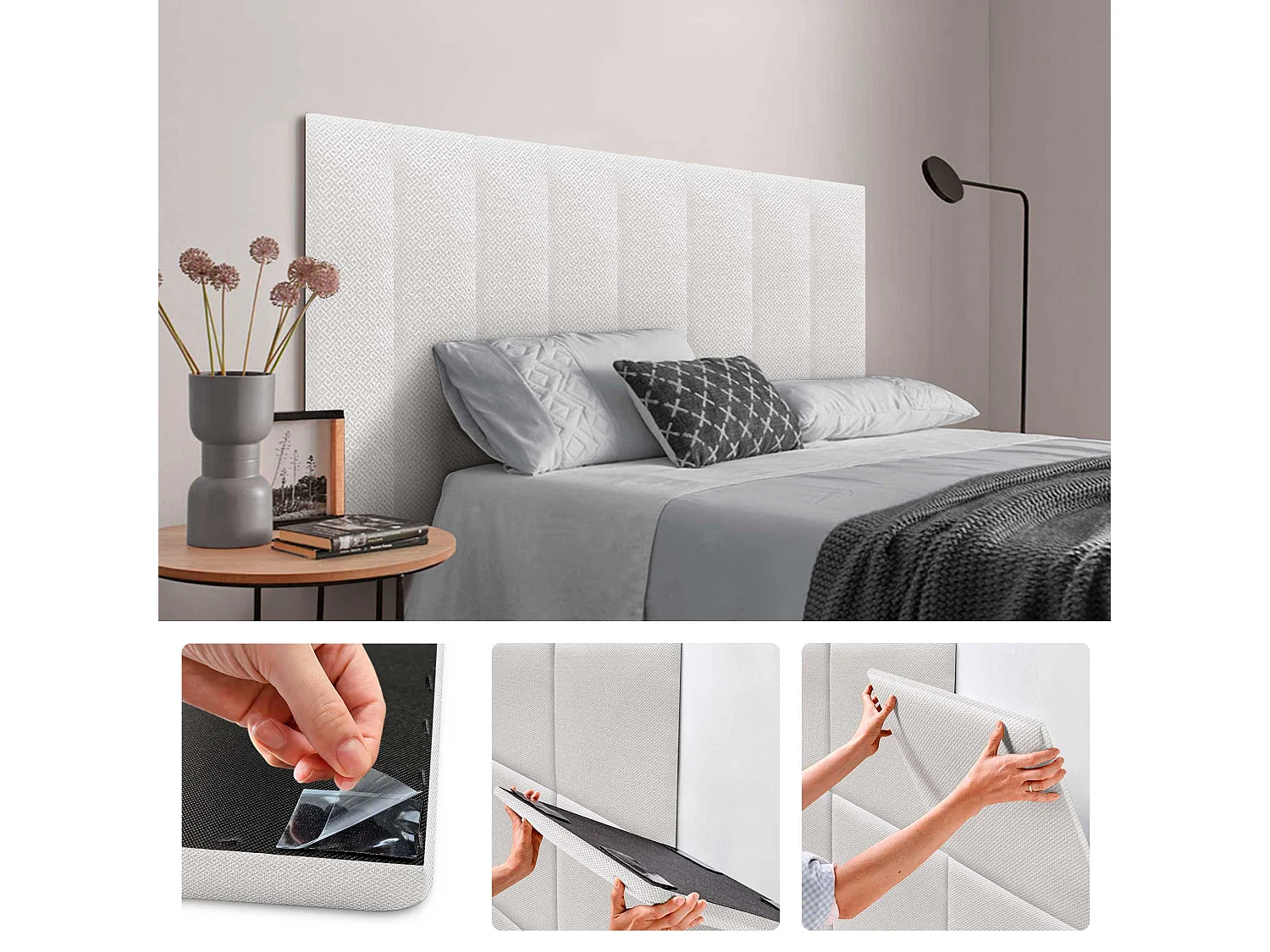 DHOME Conjunto de 8 Painéis Estofados em Tecido de Luxo Pack Autoadesivo para Parede Absorvente Acústico e Protetor (Silver Nacar, 60x20cm, x8)