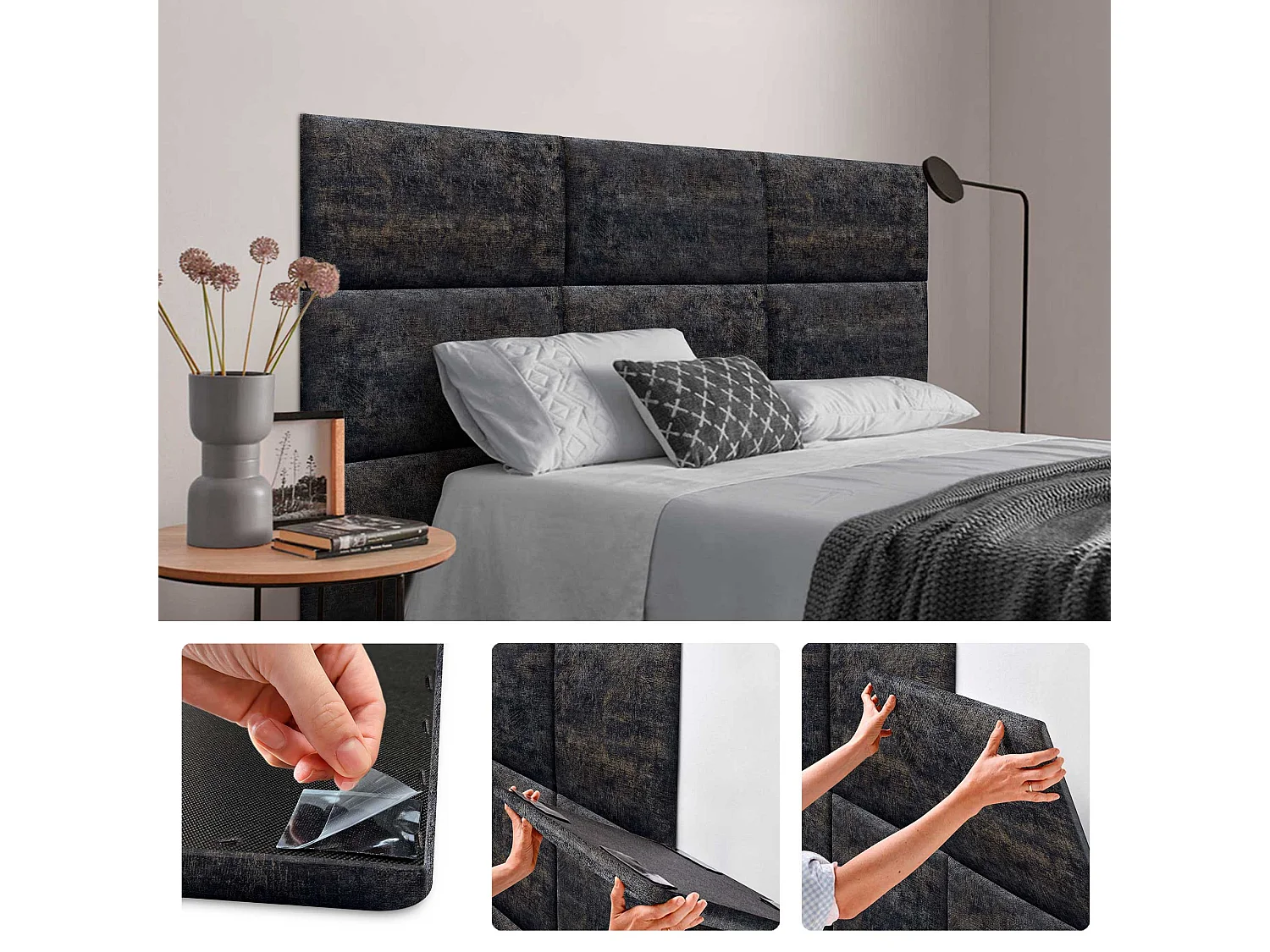 DHOME Set aus 6 luxuriös gepolsterte Paneele aus Stoff, Selbstklebende Akustik-Wandpaneele, schallabsorbierend, schützend (Luxurious Black, 50x50cm, x6)