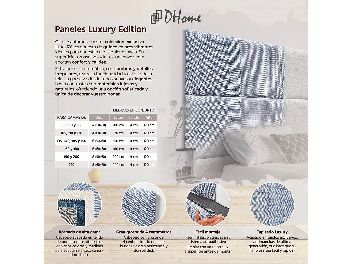 DHOME Cabeceira Estofada Composta por Painéis Autoadesivos Intercambiáveis Série Luxury Edition Cama de Luxo Quarto (Espigas Azul, 95cm)