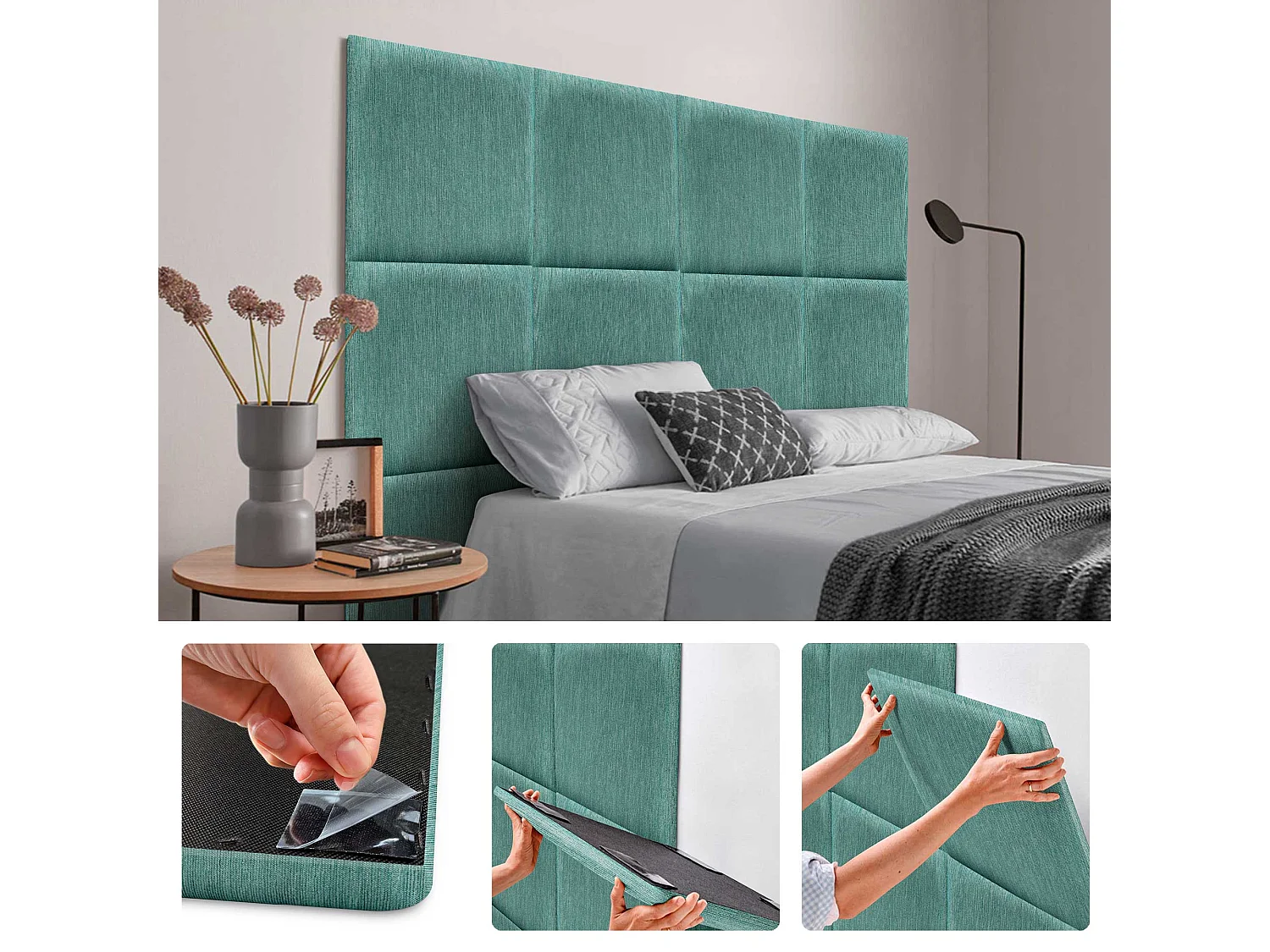 DHOME Ensemble de 6 Panneaux Tapissés en Tissu de Luxe Pack Autoadhésif pour Mur Acoustique Absorbant et Protecteur (Lineal Green, 50x30cm, x6)