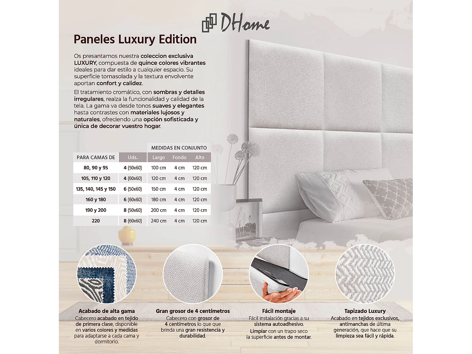 DHOME Tête de Lit Rembourrée Composée de Panneaux Autoadhésifs Interchangeables Série Luxury Edition Lit de Luxe Chambre (Épis Beige, 220cm)