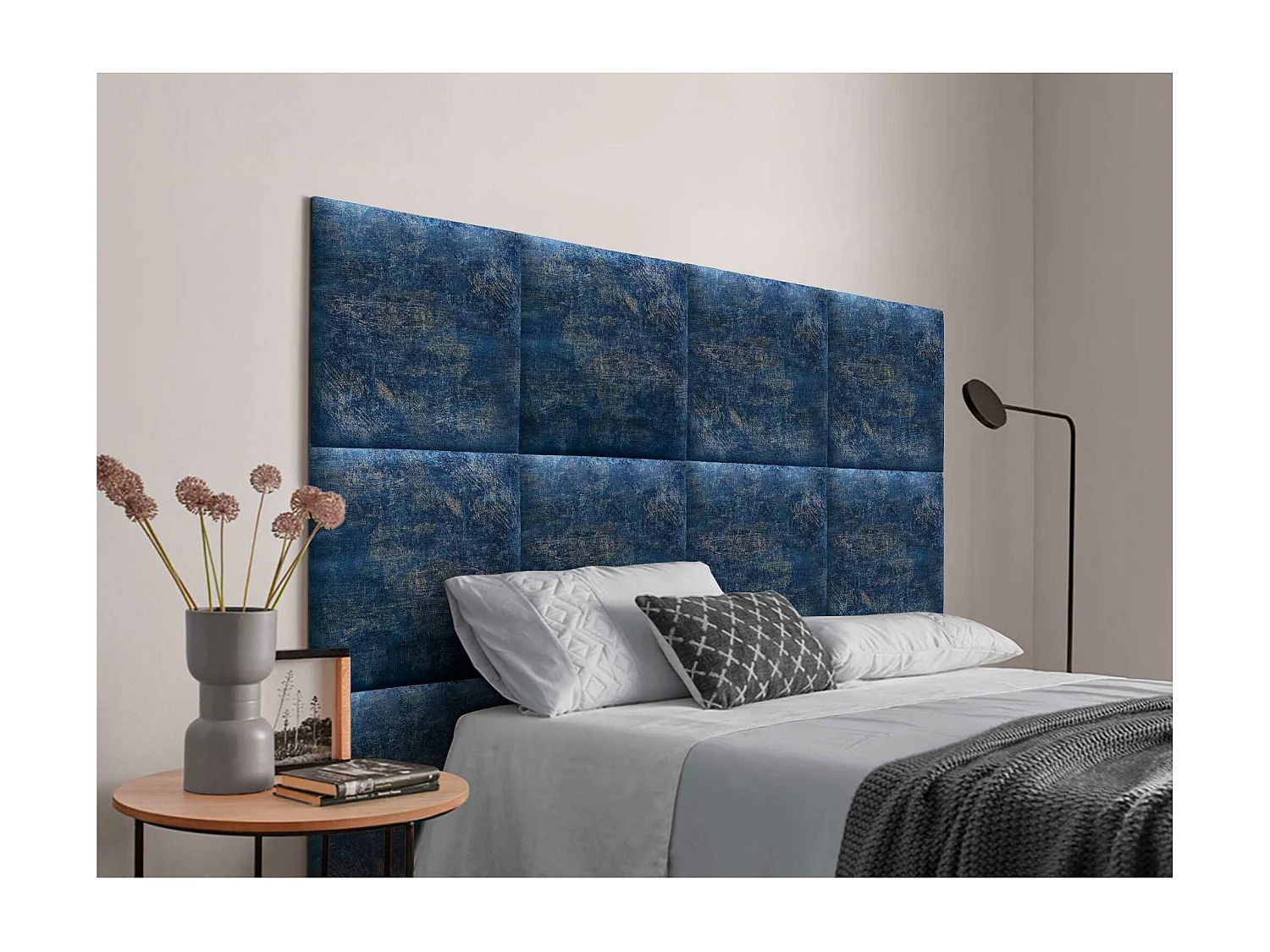 DHOME Gepolstertes Kopfteil aus austauschbaren selbstklebenden Paneelen Luxury Edition Serie Luxusbett Schlafzimmer (Luxurious Blue, 95cm)