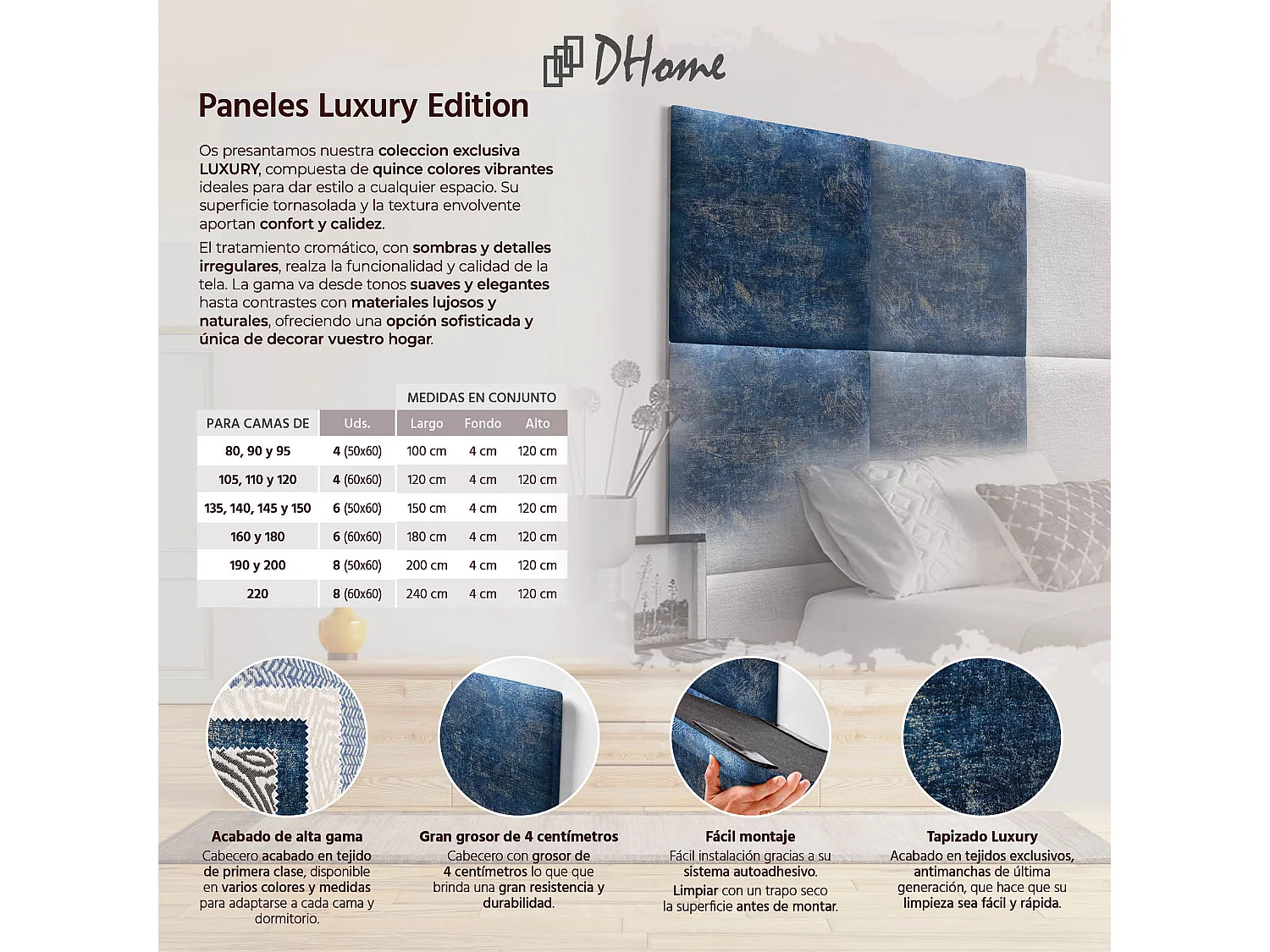 DHOME Tête de Lit Rembourrée Composée de Panneaux Autoadhésifs Interchangeables Série Luxury Edition Lit de Luxe Chambre (Luxurious Blue, 95cm)
