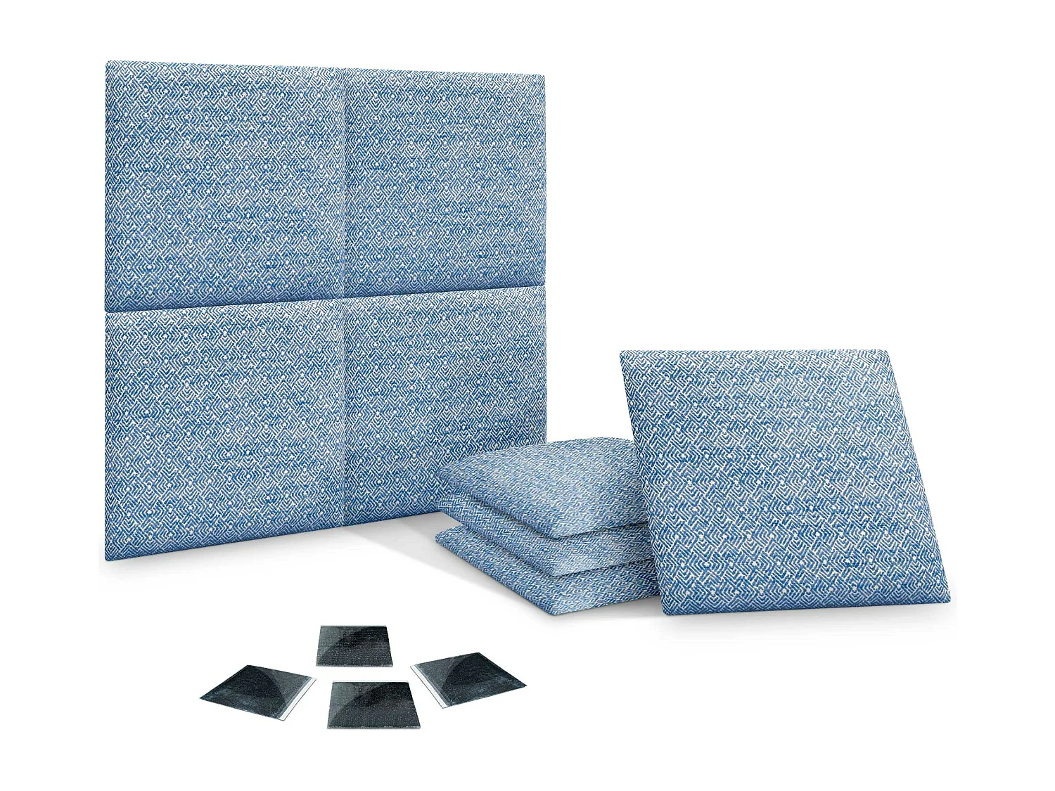 DHOME Ensemble de 8 Panneaux Tapissés en Tissu de Luxe Pack Autoadhésif pour Mur Acoustique Absorbant et Protecteur (Ethnic Blue, 50x30cm, x8)