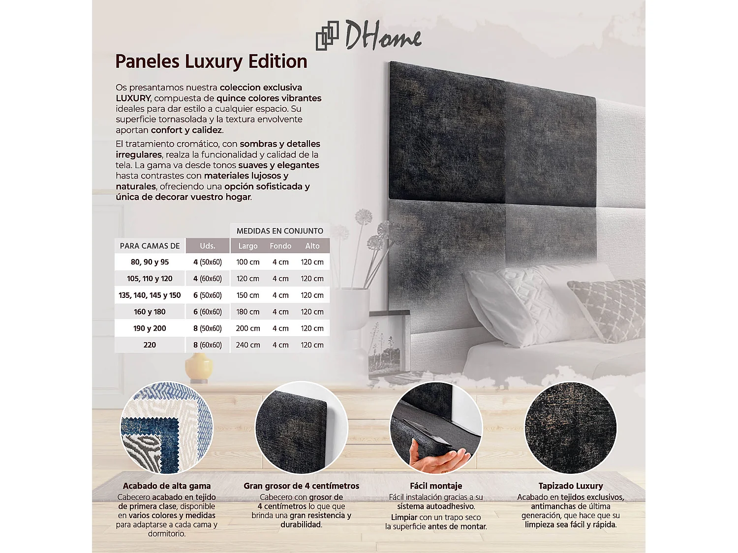DHOME Gepolstertes Kopfteil aus austauschbaren selbstklebenden Paneelen Luxury Edition Serie Luxusbett Schlafzimmer (Luxurious Black, 105cm)