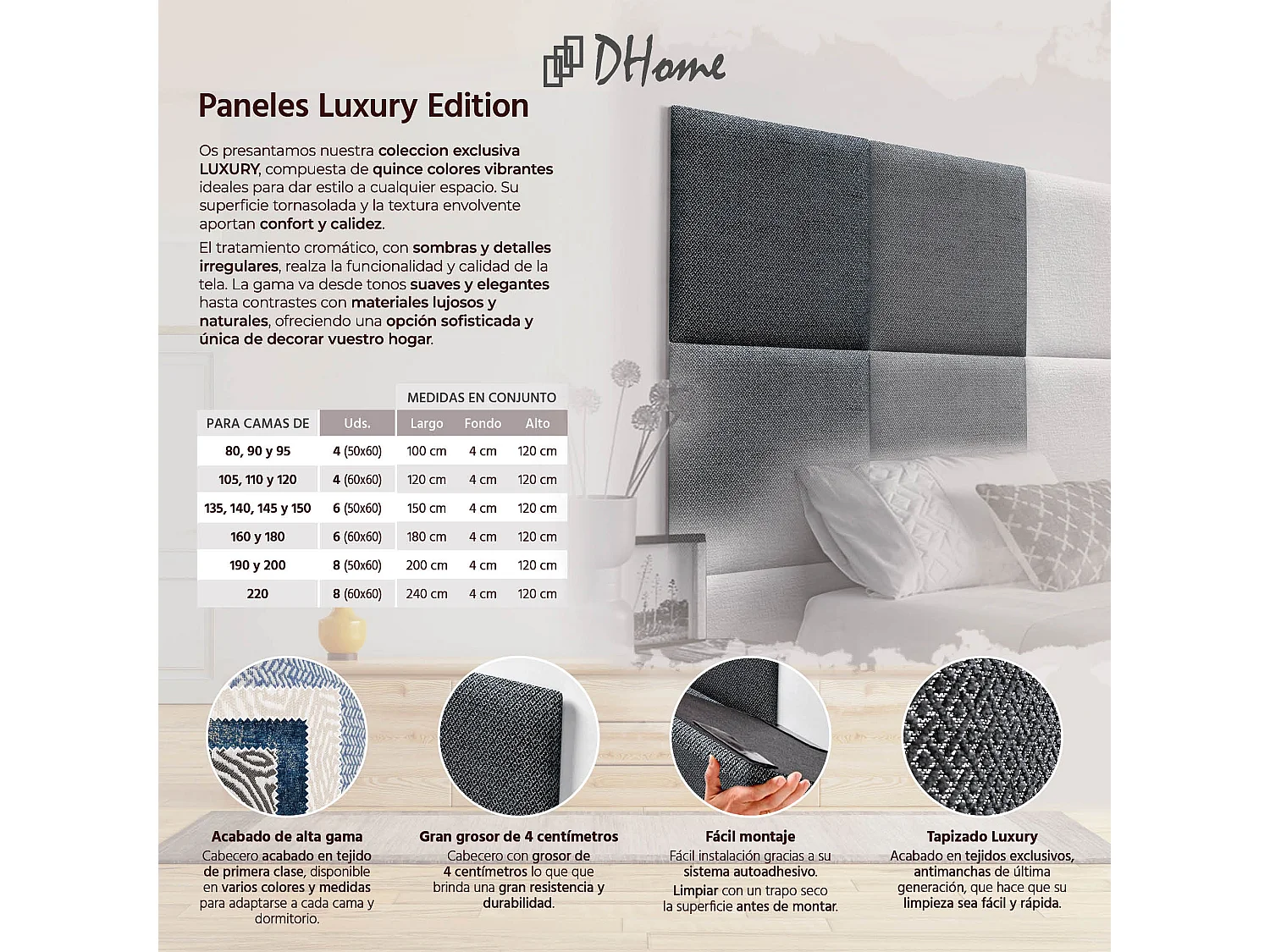 DHOME Tête de Lit Rembourrée Composée de Panneaux Autoadhésifs Interchangeables Série Luxury Edition Lit de Luxe Chambre (Silver Ebony, 80cm)