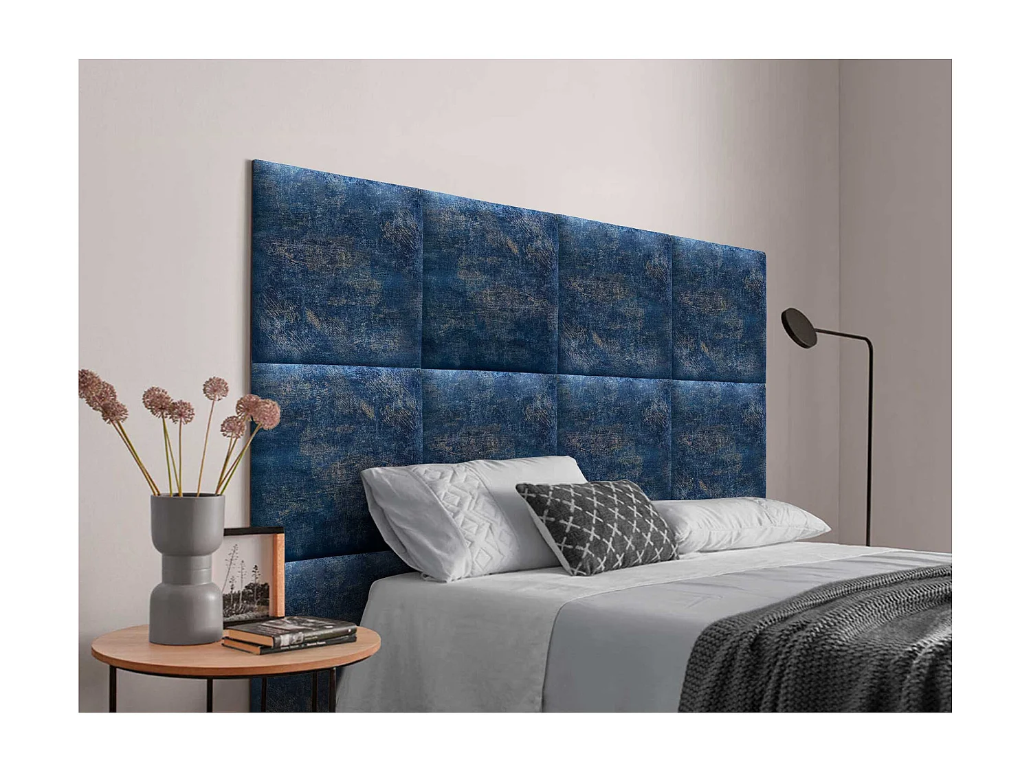 DHOME Tête de Lit Rembourrée Composée de Panneaux Autoadhésifs Interchangeables Série Luxury Edition Lit de Luxe Chambre (Luxurious Blue, 135cm)