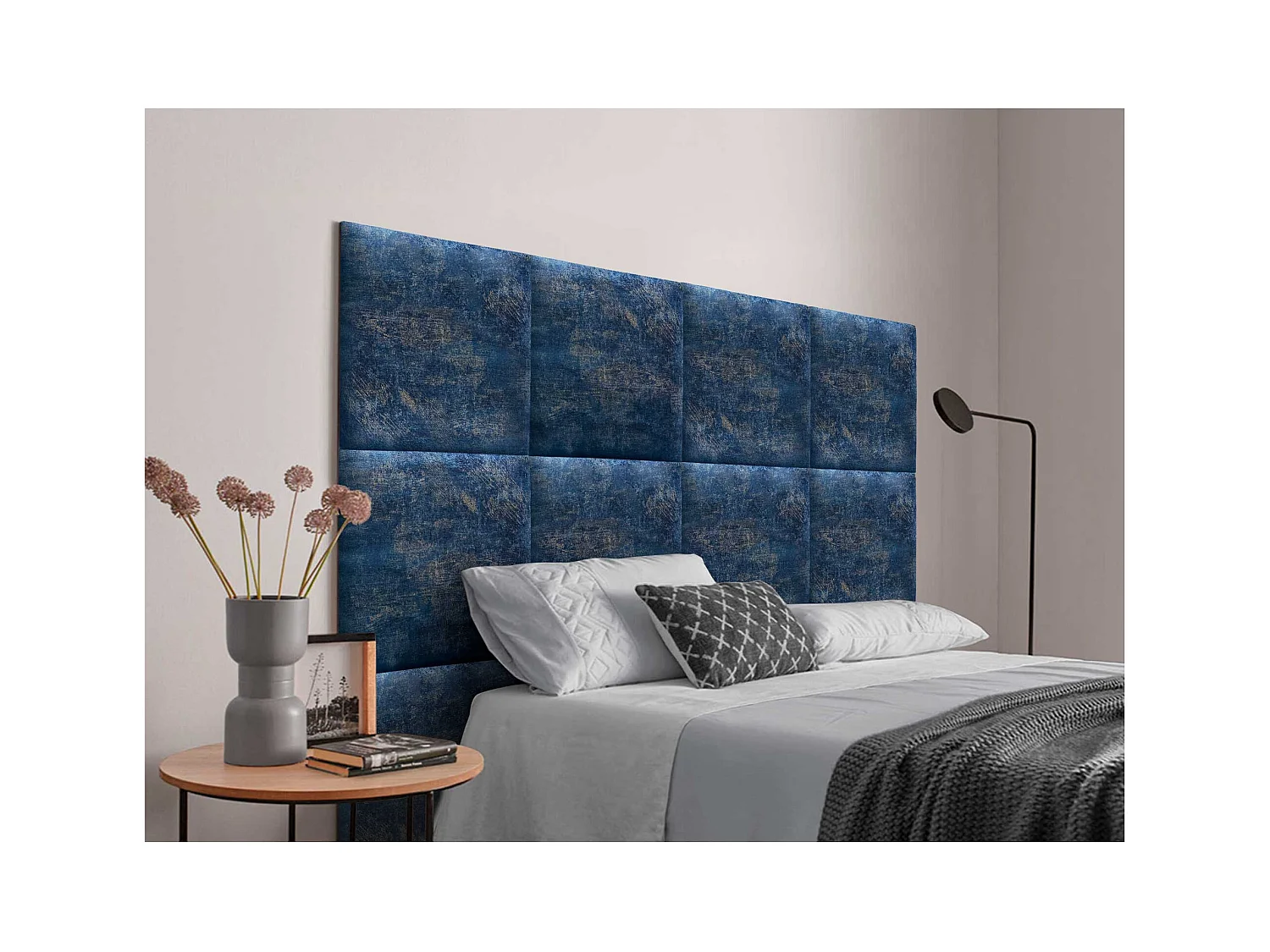 DHOME Tête de Lit Rembourrée Composée de Panneaux Autoadhésifs Interchangeables Série Luxury Edition Lit de Luxe Chambre (Luxurious Blue, 135cm)