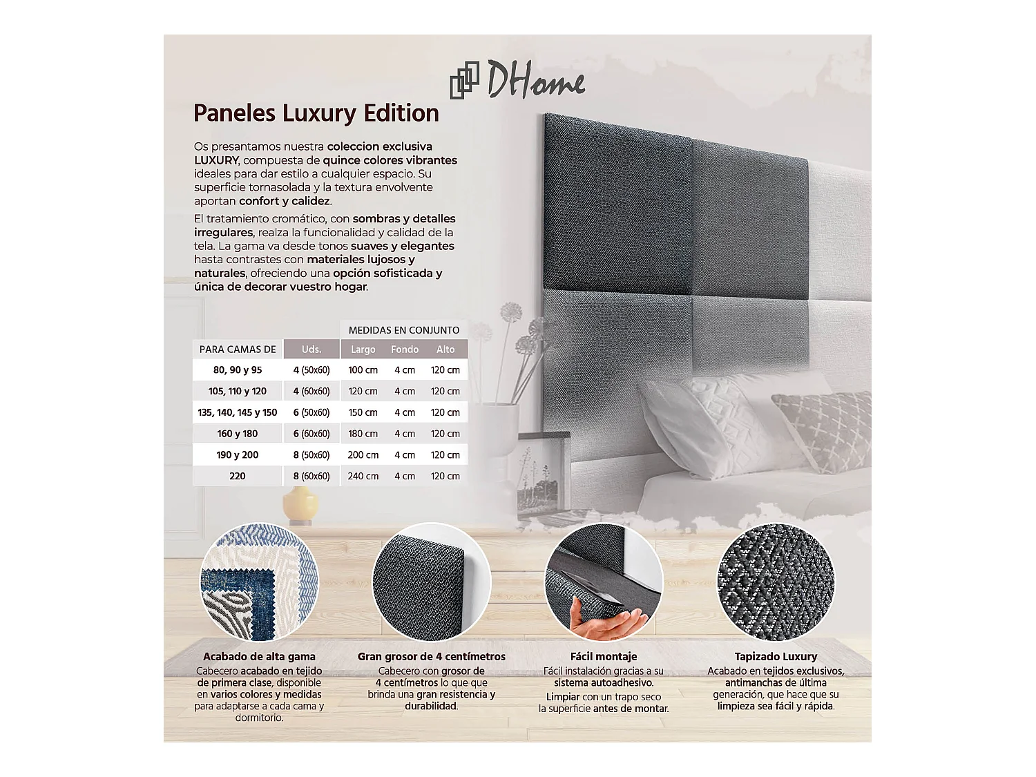 DHOME Tête de Lit Rembourrée Composée de Panneaux Autoadhésifs Interchangeables Série Luxury Edition Lit de Luxe Chambre (Silver Ebony, 200cm)