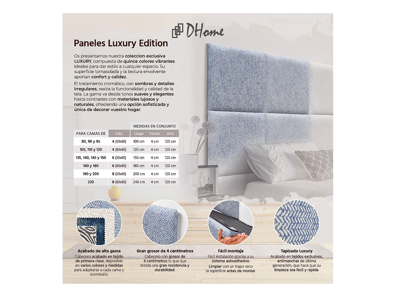 DHOME Tête de Lit Rembourrée Composée de Panneaux Autoadhésifs Interchangeables Série Luxury Edition Lit de Luxe Chambre (Épis Bleu, 190cm)